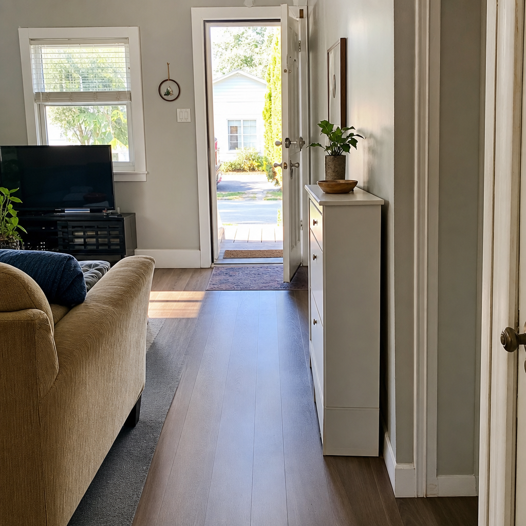 A shallow storage cabinet facing the front door creates an arrival point in a living room.