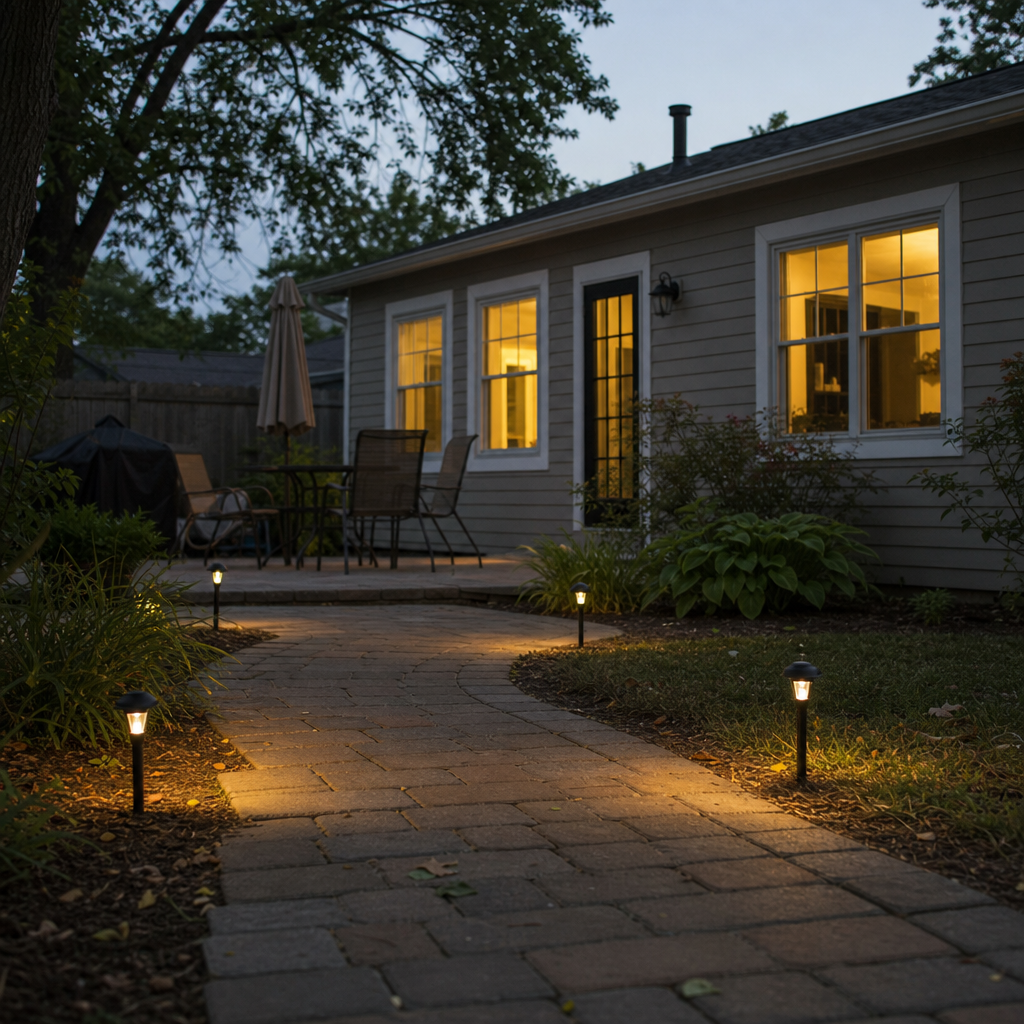 Small path lights marking a paver walkway at dusk.
