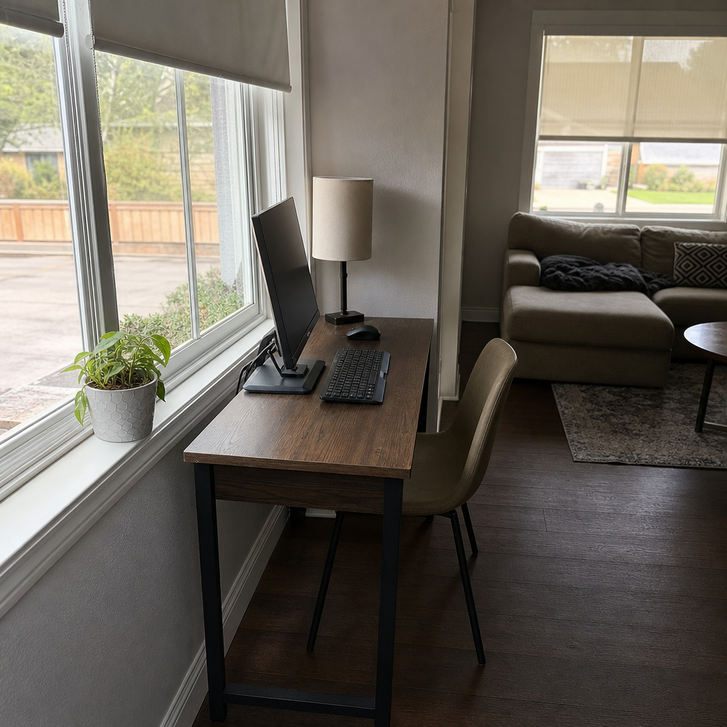 A compact desk set perpendicular to a living room window with a shade to control glare.
