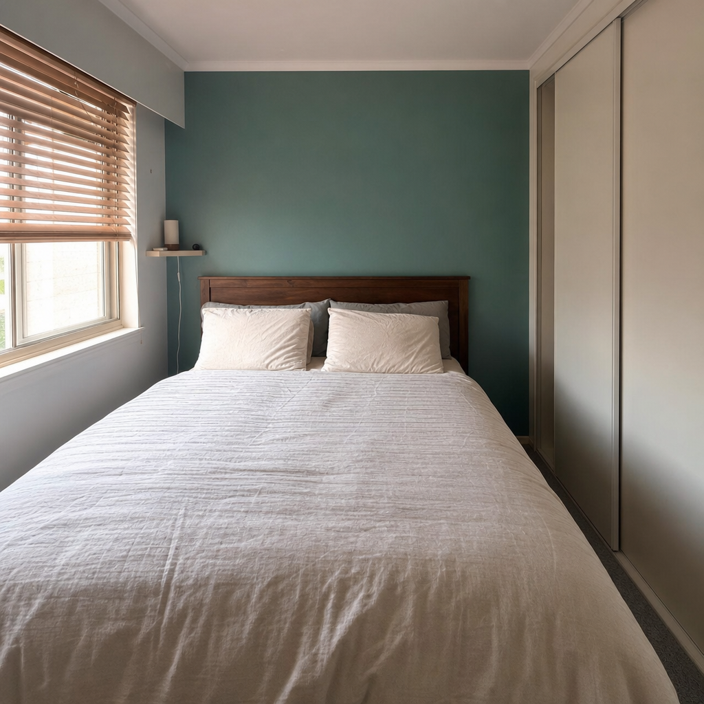 Queen bed with narrow access on both sides and a shallow wardrobe across the room.