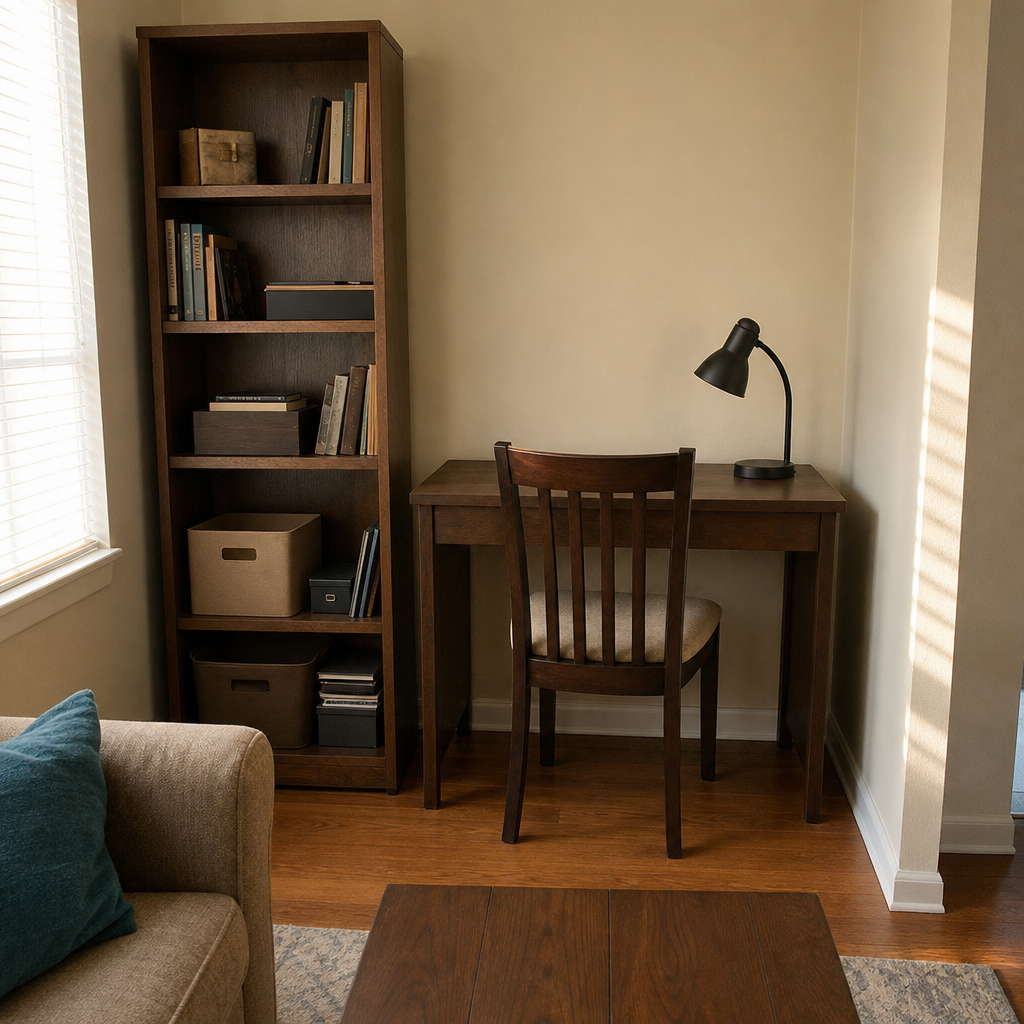 A small desk placed beside a bookcase in a modest living room.
