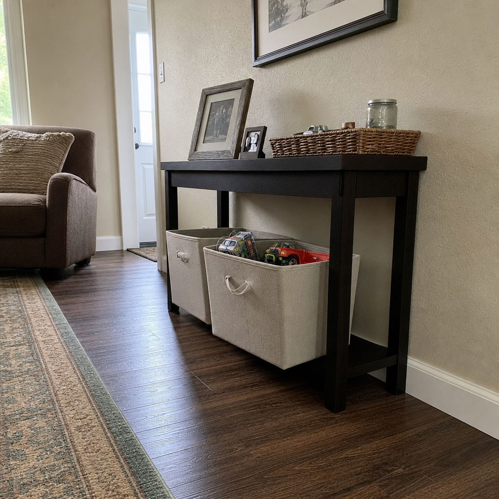 Fabric toy bins stored beneath a narrow console table in a living room.