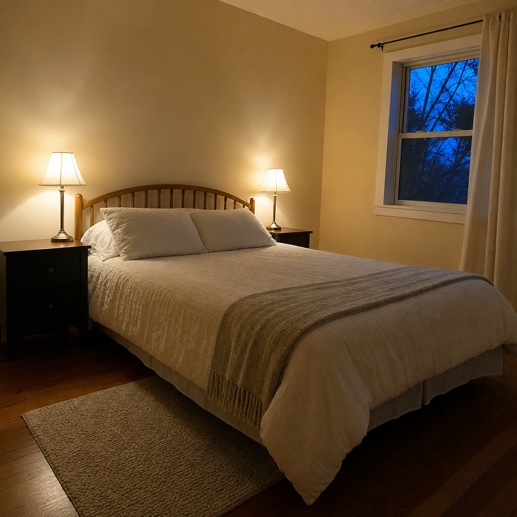 Matching bedside lamps create warm light around a bed at dusk.