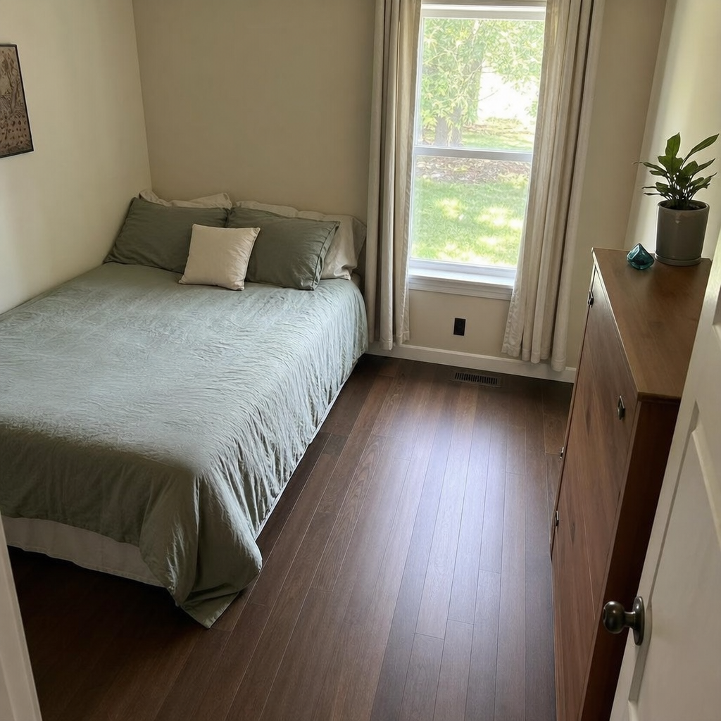 Queen bed tucked into a corner to create a larger open aisle in a small bedroom.