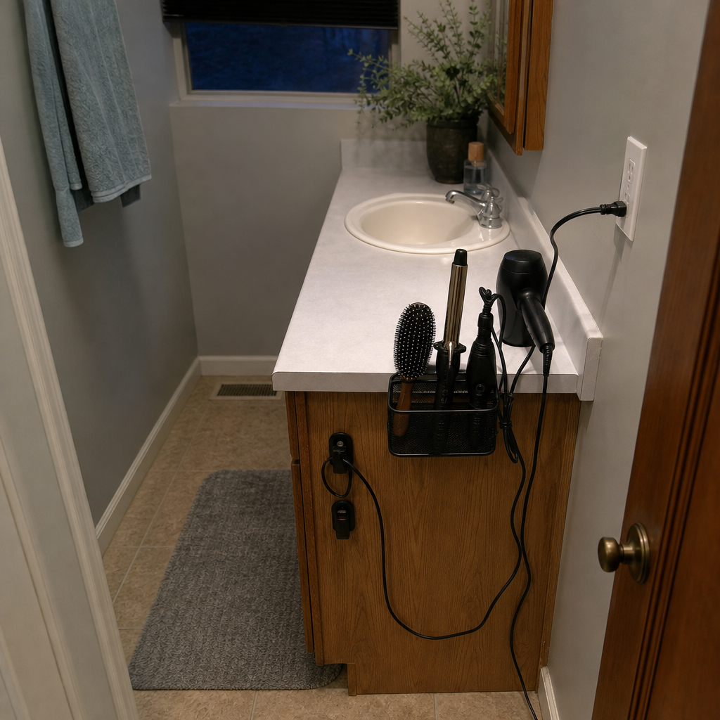 A vertical holder keeps hair tools and their cords at the end of a shared bathroom counter.