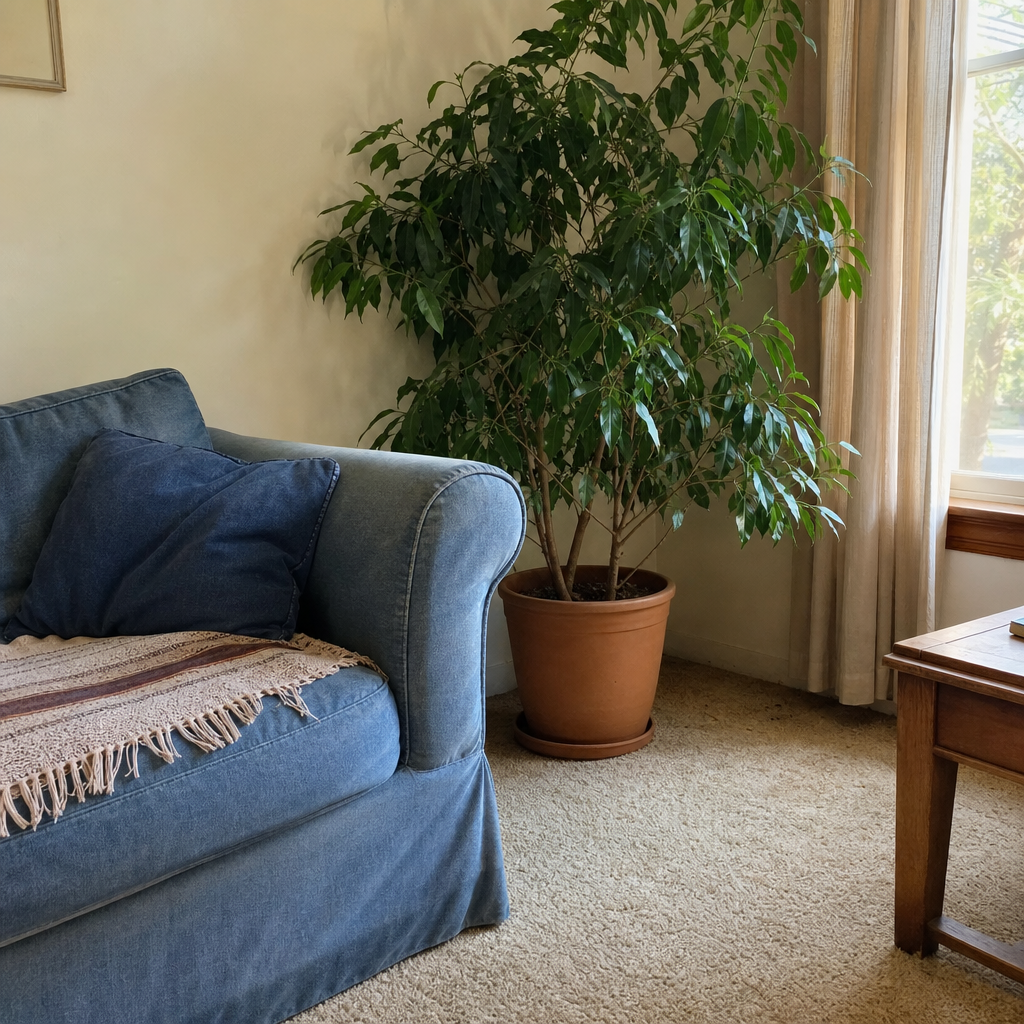 A tall leafy plant adds height beside a faded blue sofa.