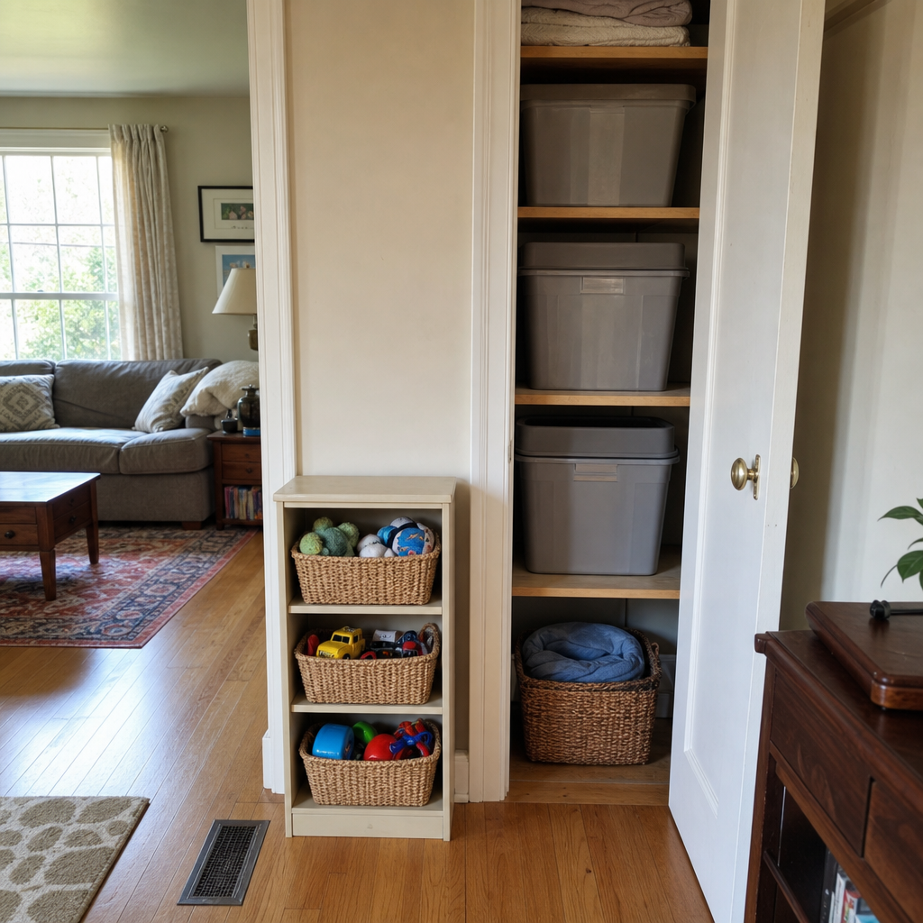 A living room toy cabinet with backup toy bins stored in an adjacent closet.
