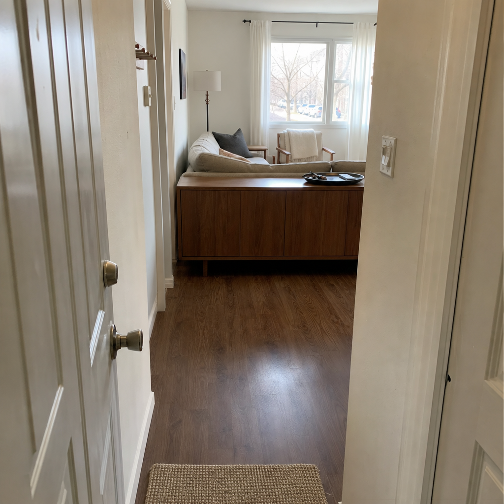 A low cabinet separates the walking lane from the seating area in a living room with no foyer.