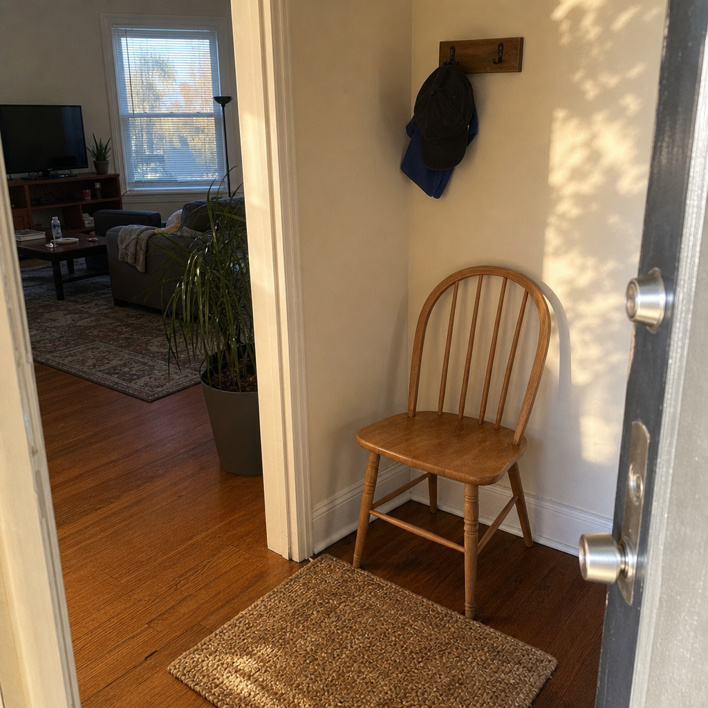 A chair and wall hook turn an unused corner beside a front door into a simple entry zone.