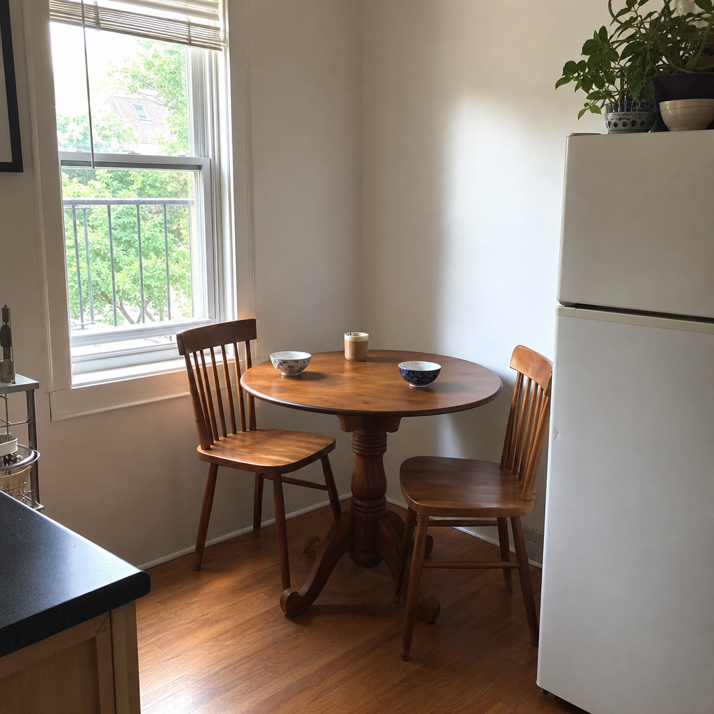 Small round pedestal table with two chairs in the corner of an ordinary apartment kitchen.