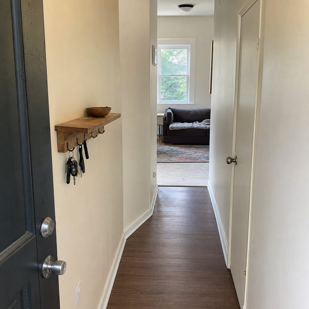 A shallow shelf and hooks provide an entry landing spot while keeping a narrow hall floor clear.