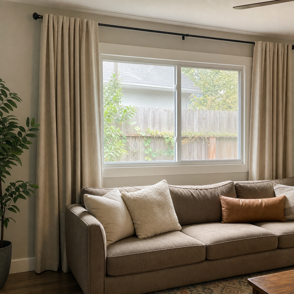 Oatmeal curtains hung high and wide around a standard living room window.