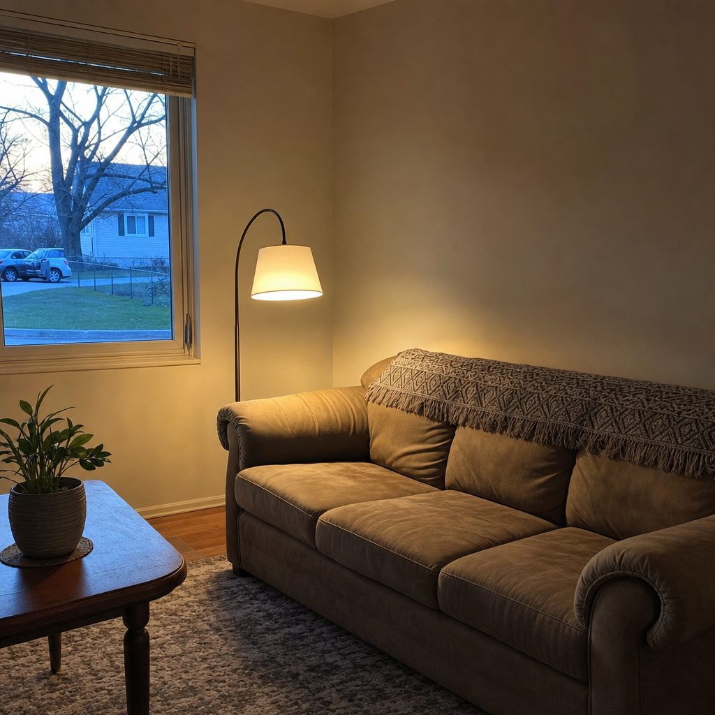A floor lamp provides soft side lighting beside a taupe sofa.