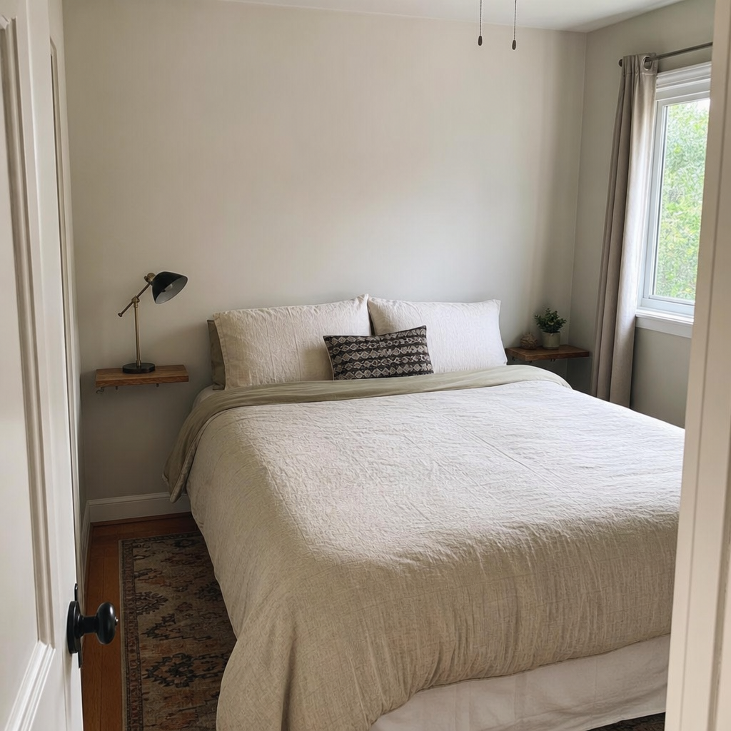 Small bedroom with a queen bed centered on a solid wall and narrow access paths on both sides.