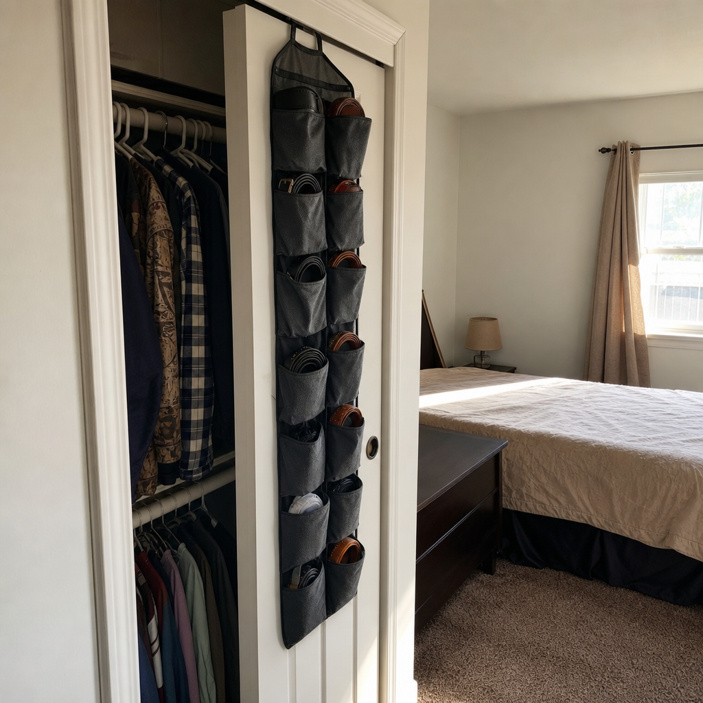 A pocket organizer on the closet door stores belts and small accessories.