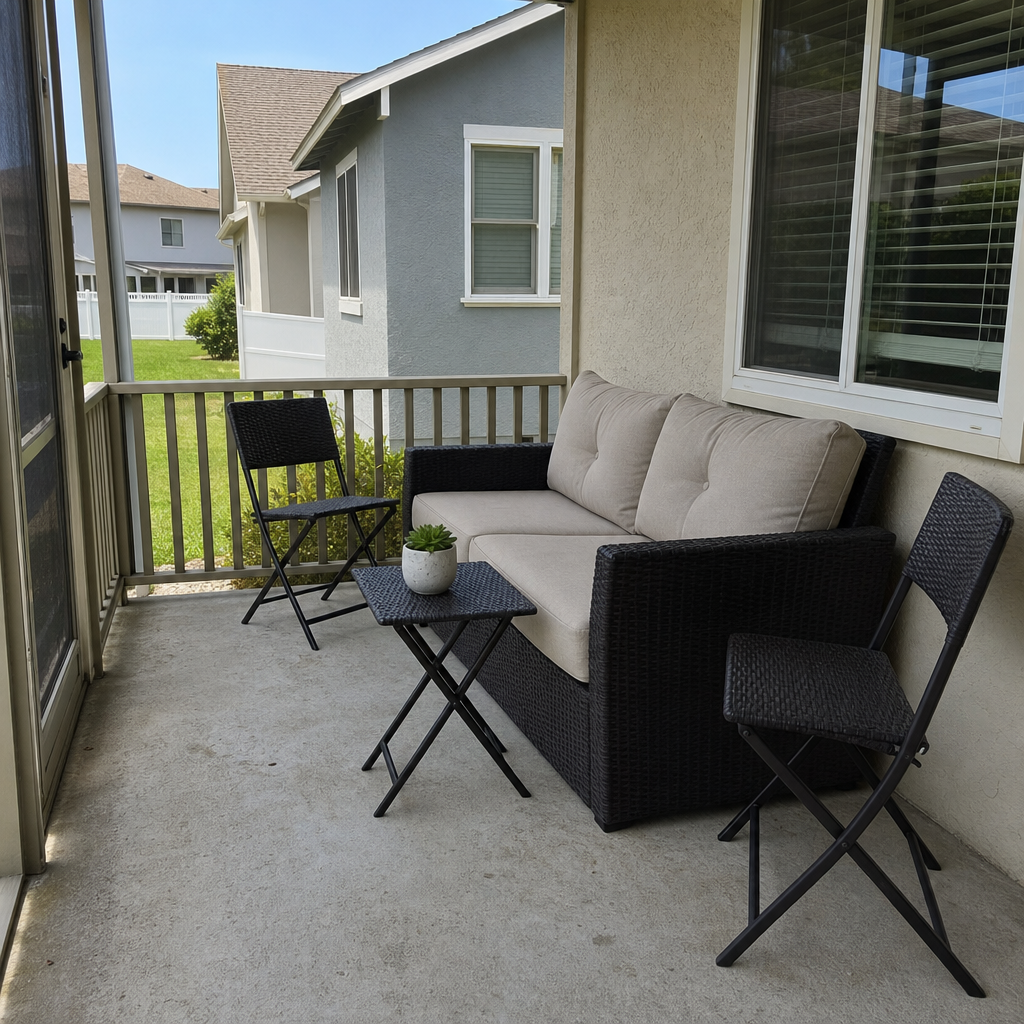 A compact outdoor loveseat with two folding chairs on a concrete patio.