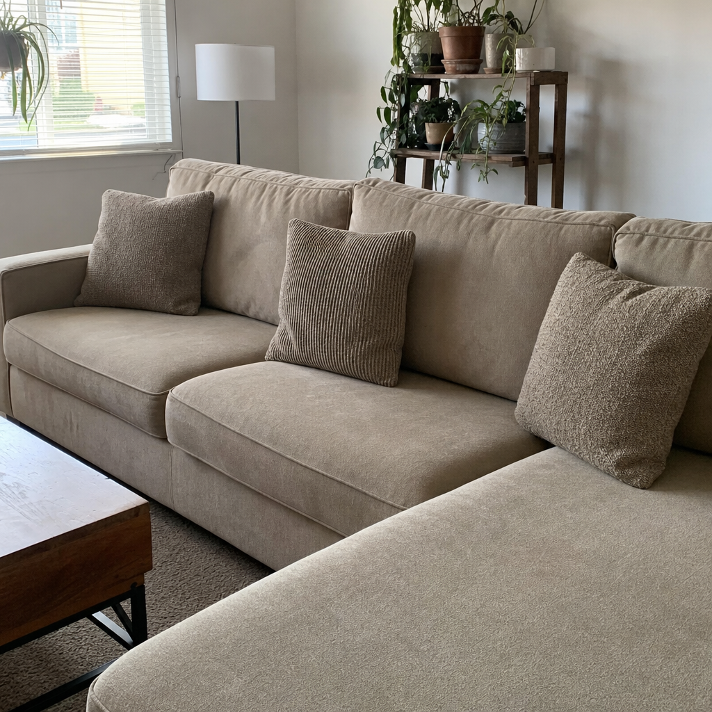 Taupe pillows in different textures layered on a beige sectional.