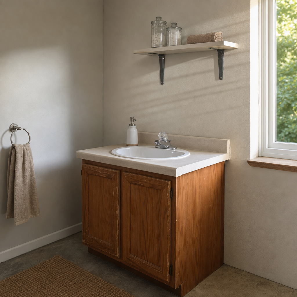 A shallow wall shelf beside a shared single-sink vanity holds lightweight personal bathroom items above the counter.