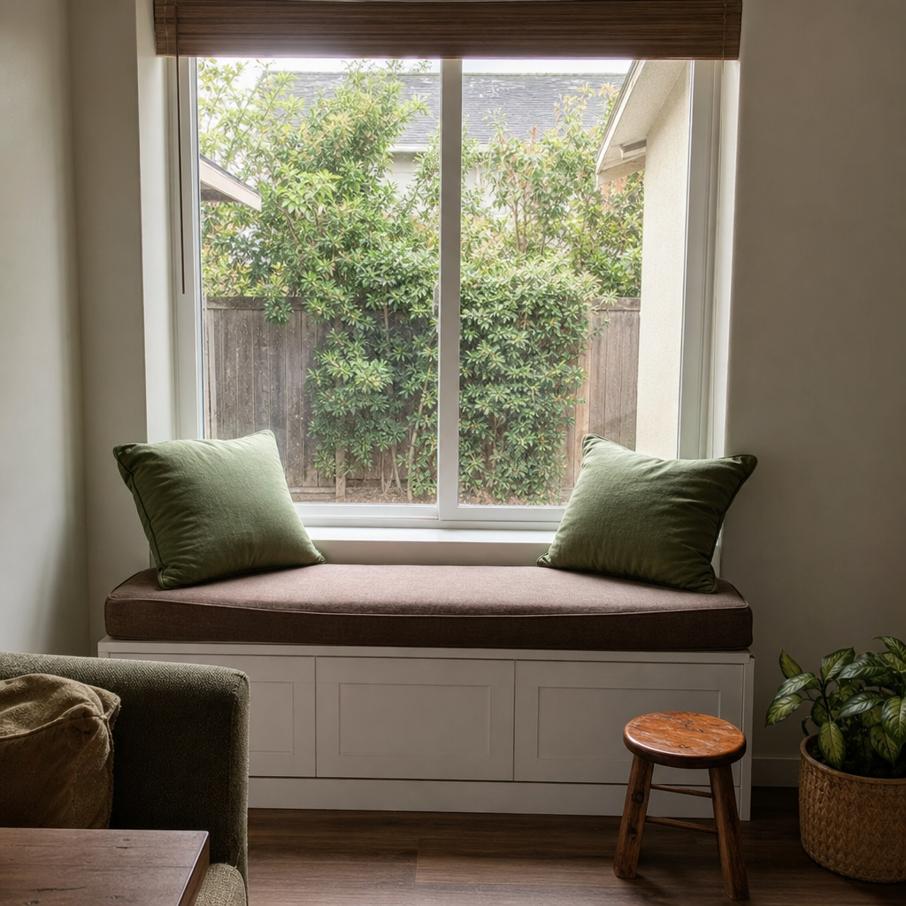 Brown window seat cushion with sage green pillows.