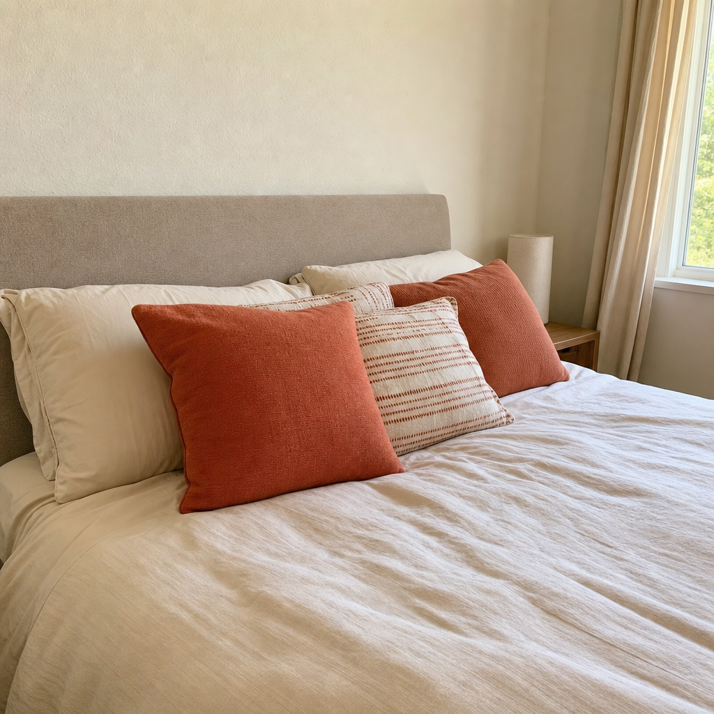 Rust and cream pillow covers layered on a neutral bed.