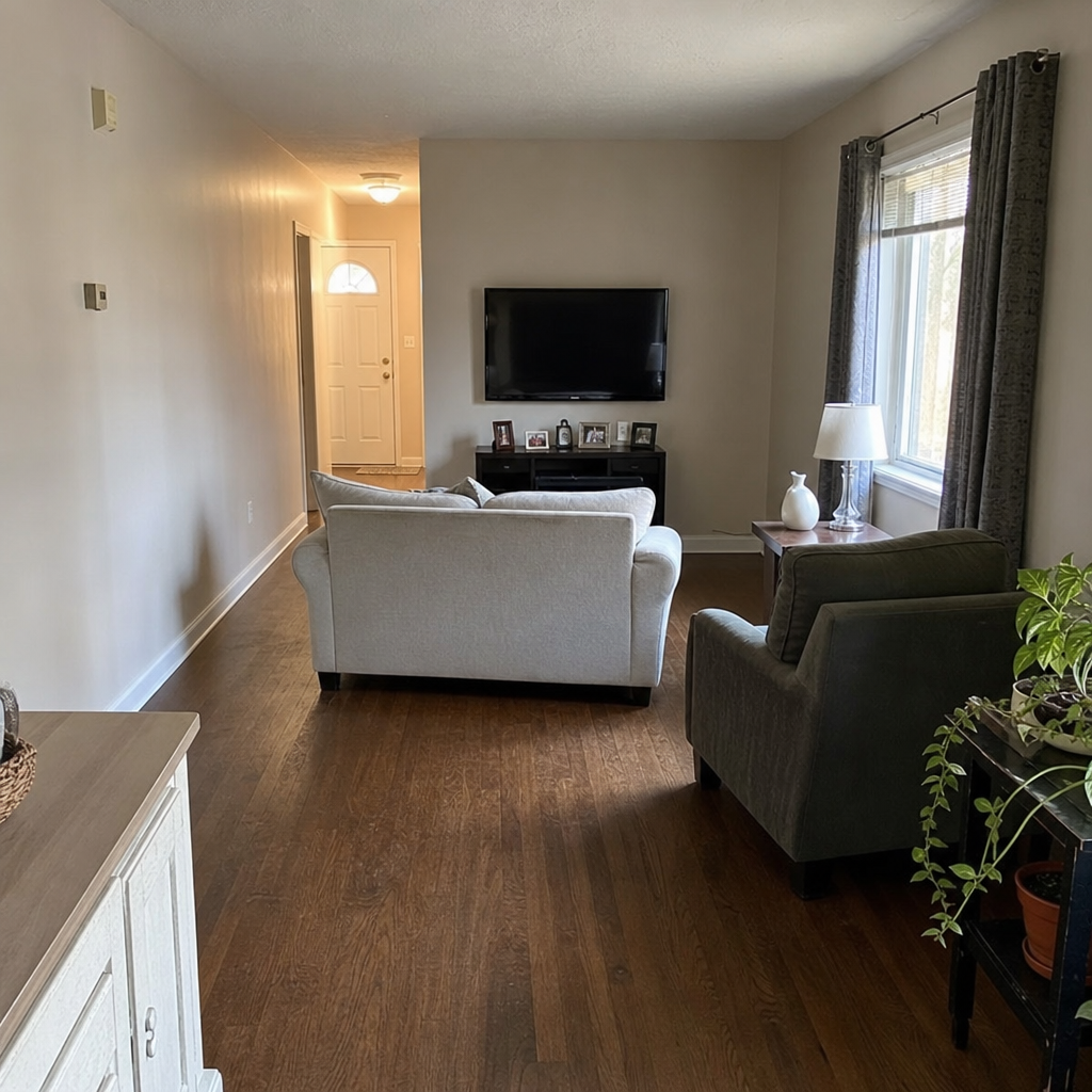Long living room with a TV on the end wall and seating arranged along the room.