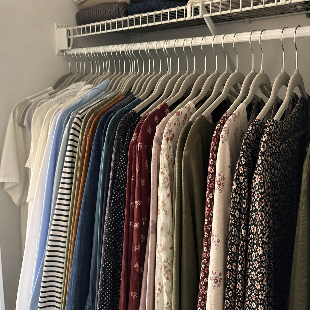 Matching slim hangers create an even row of clothing in a small closet.