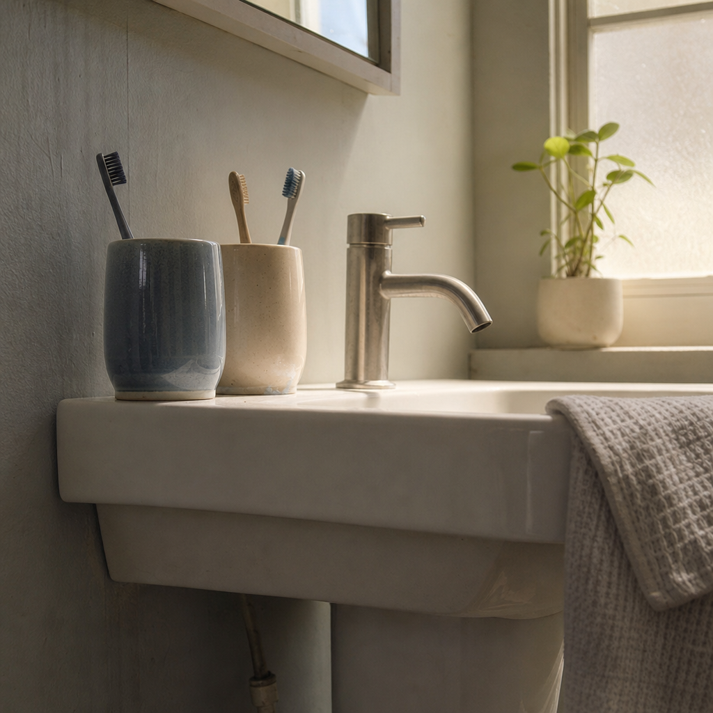 Two different ceramic cups keep each person's toothbrush and toothpaste separate behind the sink.