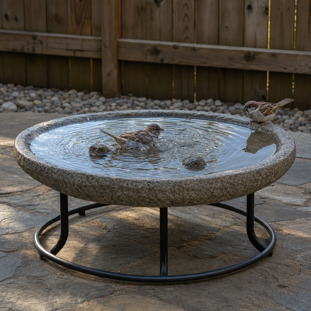 A shallow, water-filled stone bird bath on a low, wide black metal stand, with small birds at the basin.