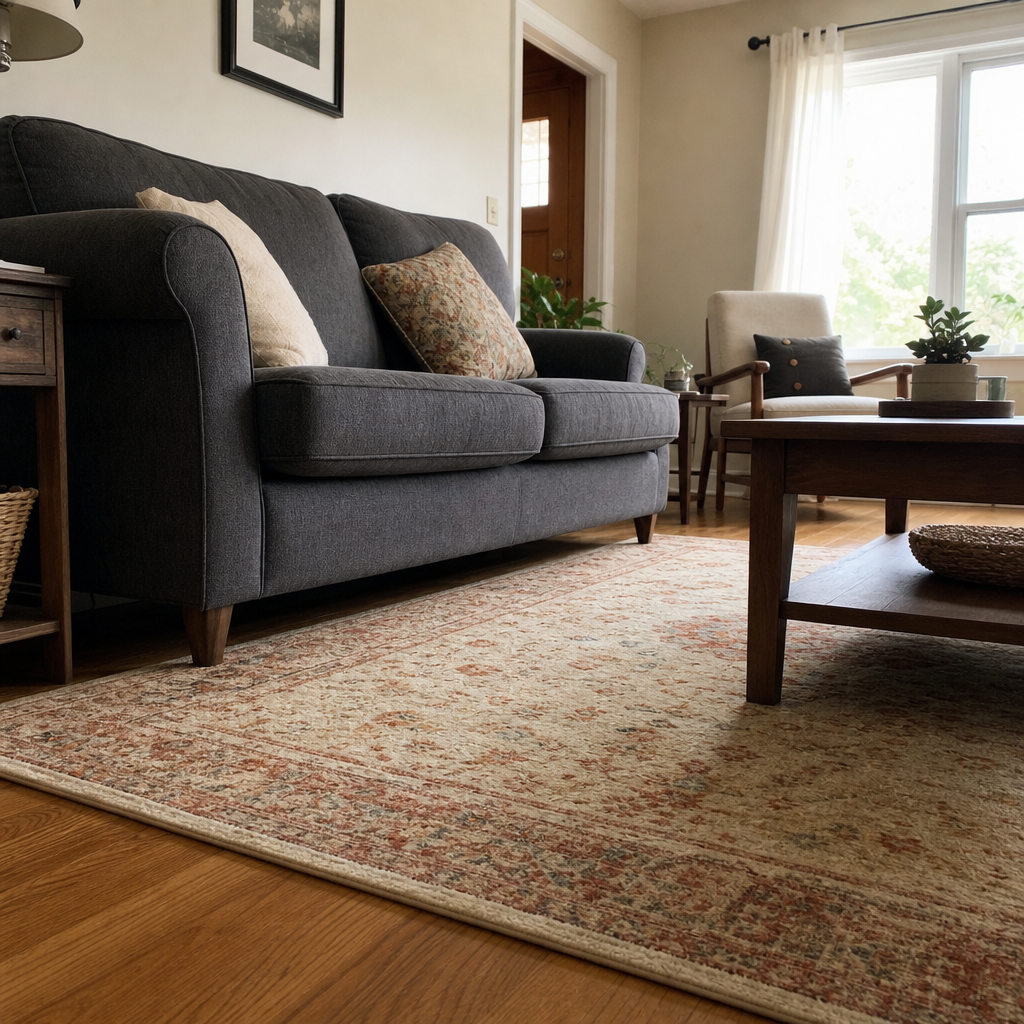 A charcoal sofa is grounded by a cream and rust patterned rug.