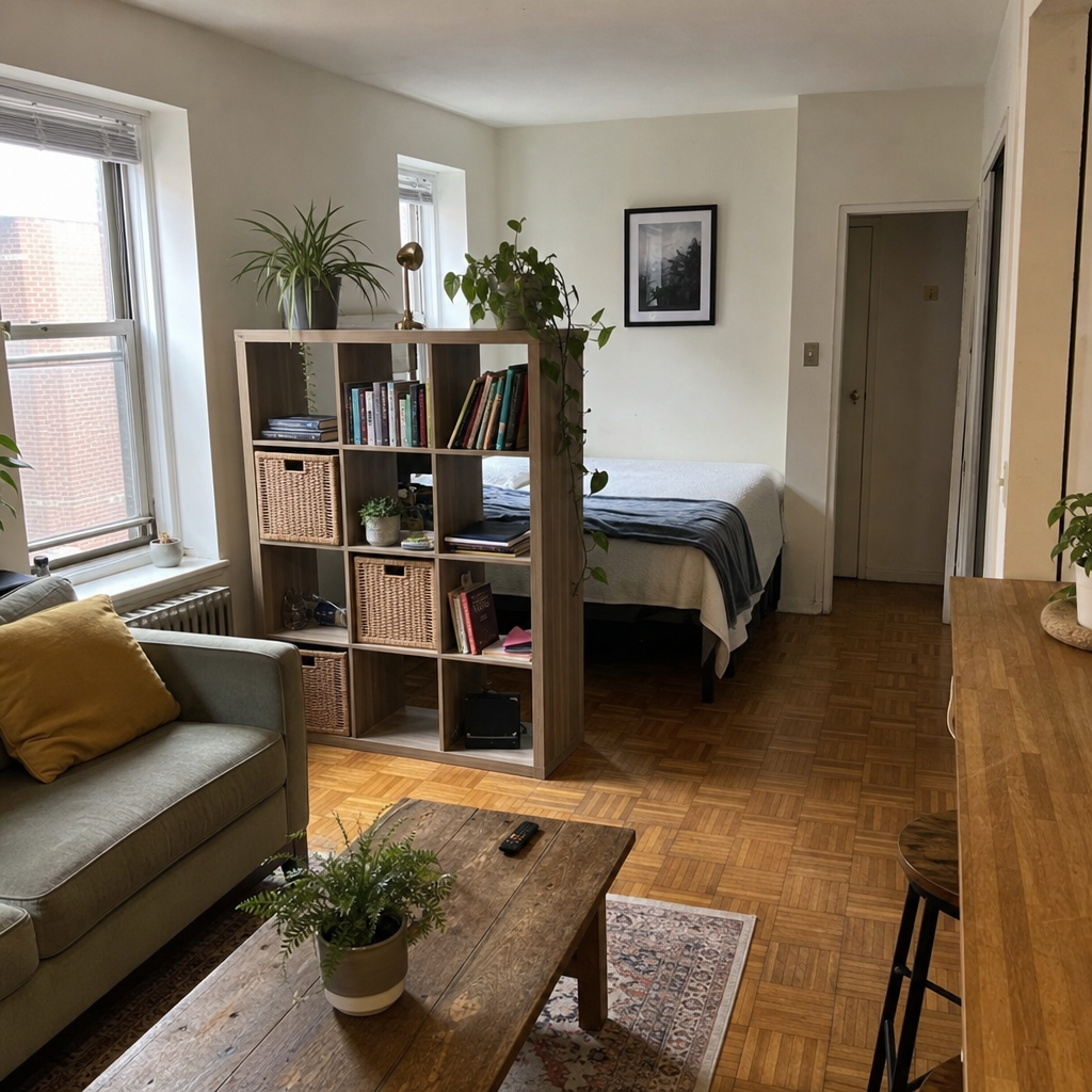 Open-backed bookcase creating a visual boundary behind a bed in a small studio.