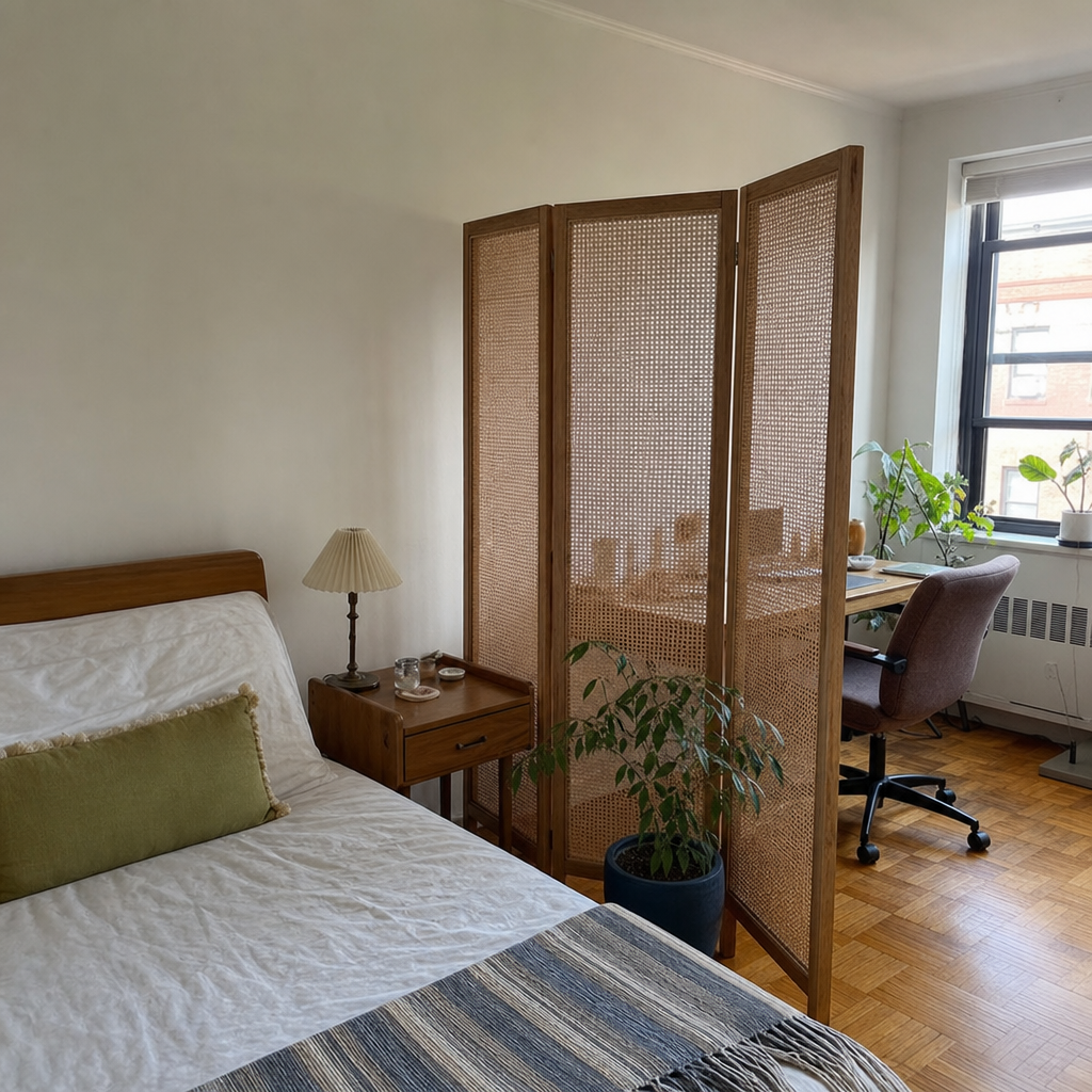 Folding screen placed beside a bed in a small studio apartment.