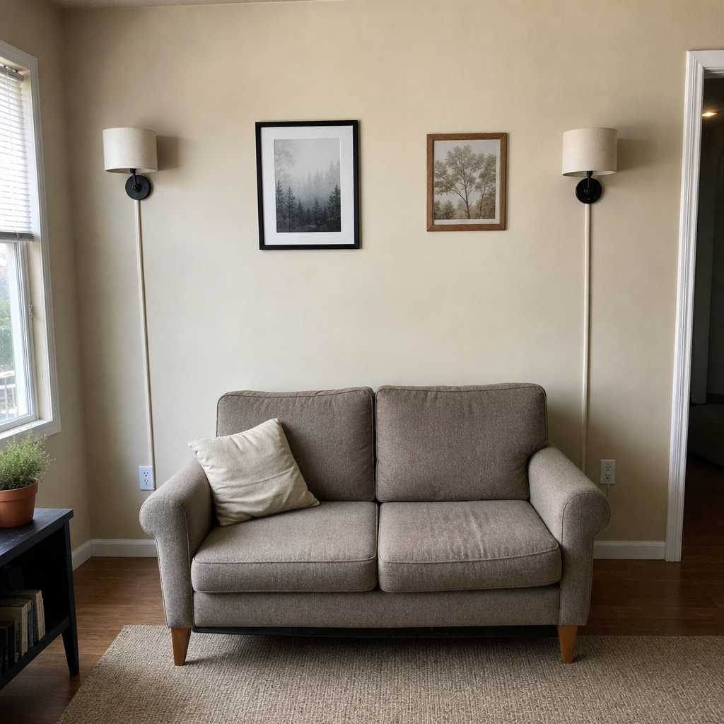 Plug-in wall sconces above a loveseat with cords covered along the wall.