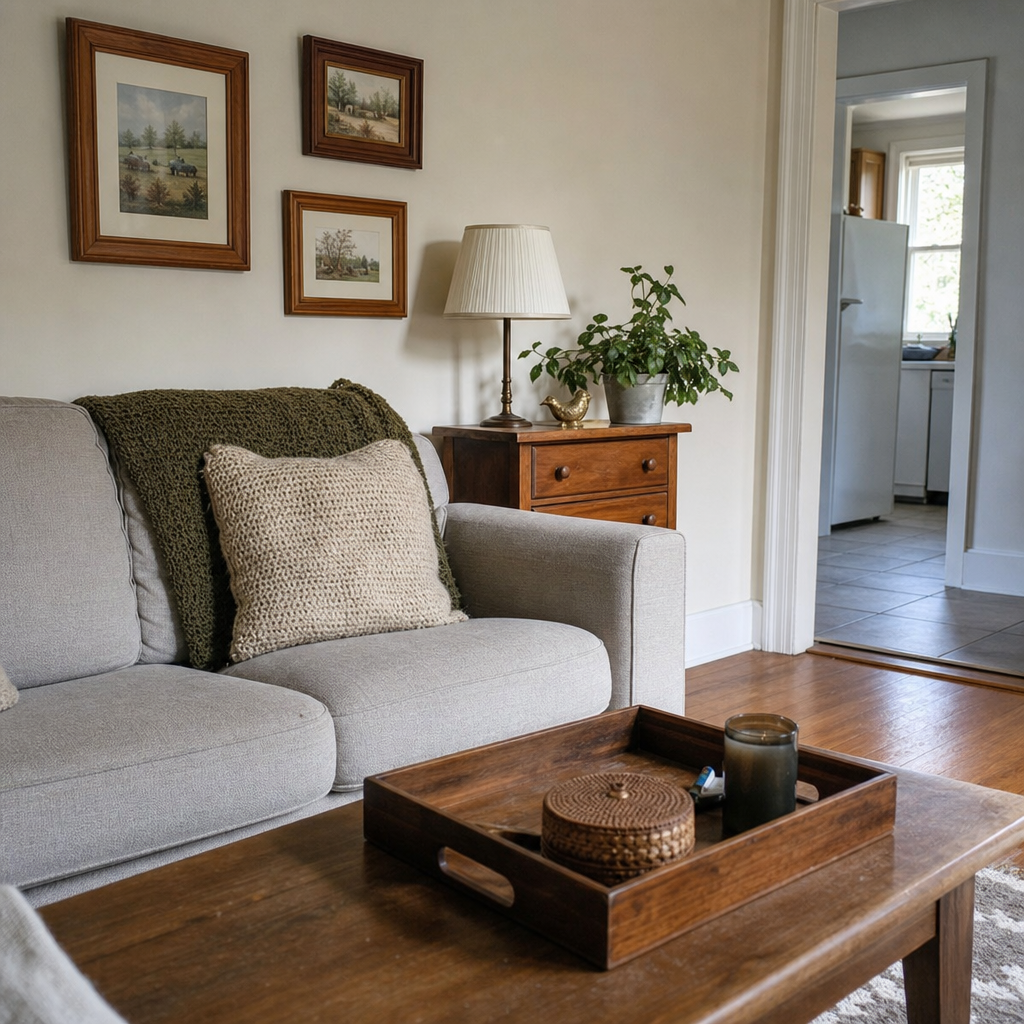 Living room with thrifted wood furniture and frames in similar wood tones.