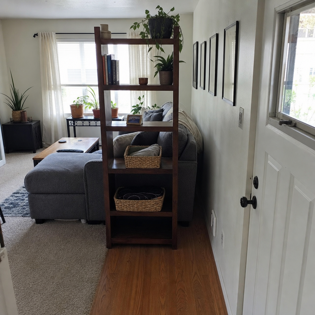 An open-backed bookcase creates a freestanding boundary between a front door and a small living room.