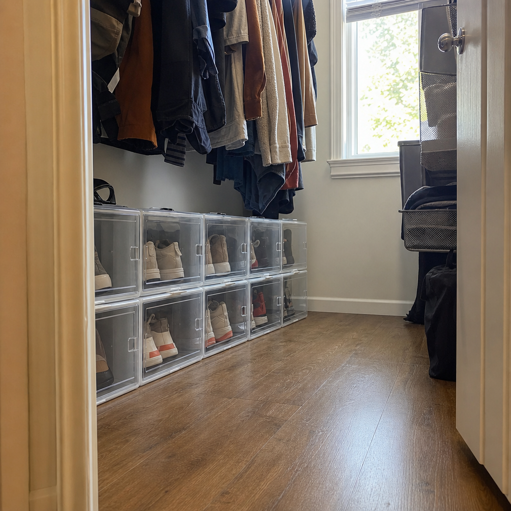 Stackable bins keep shoes organized along the floor of a small closet.