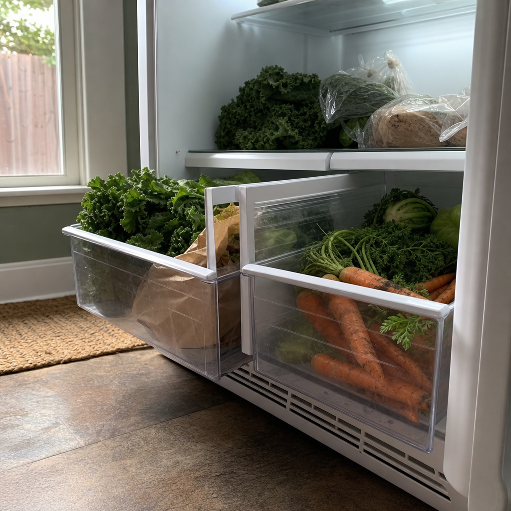 Partly open refrigerator crispers grouping leafy greens and other produce.