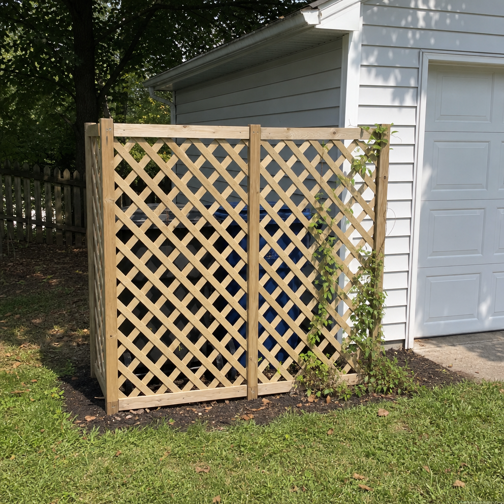 Wood lattice screen hiding utility bins beside a garage.