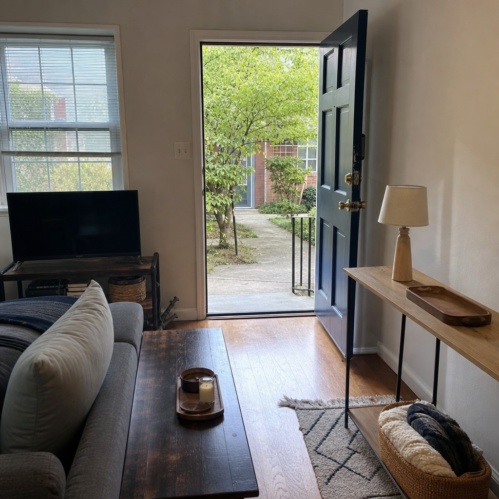 A narrow console beside an apartment front door creates a landing surface without blocking the living room walkway.