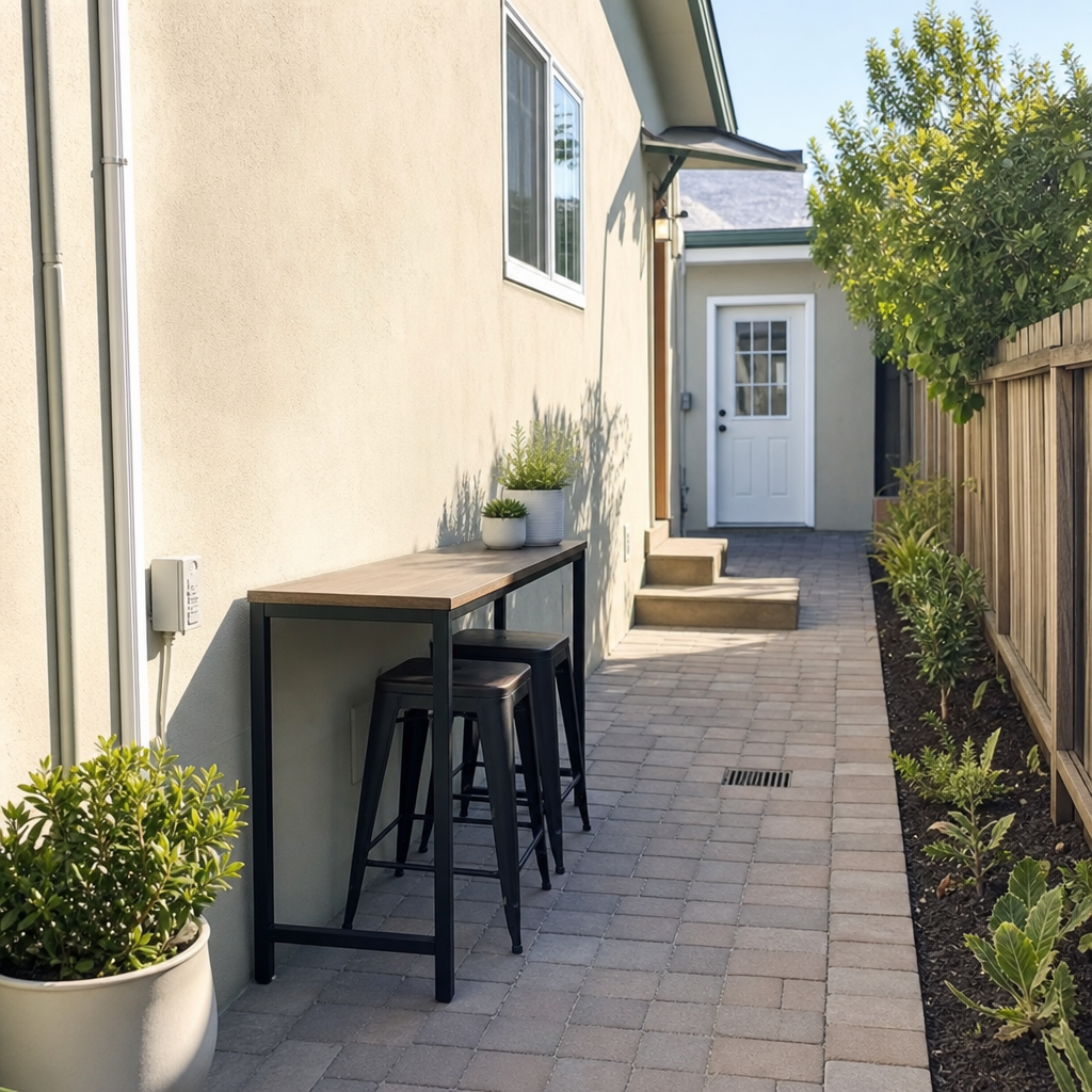 Backless stools tucked under a narrow console table on a patio walkway.