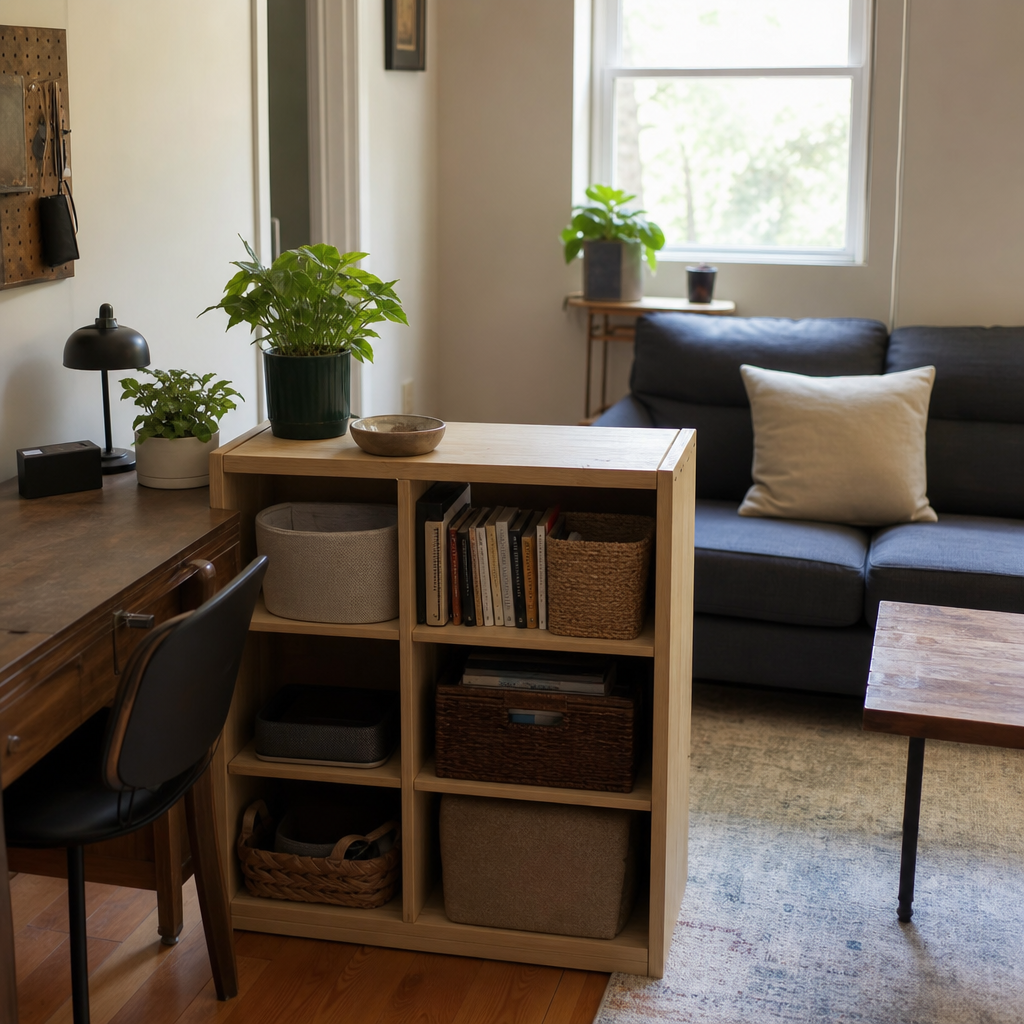 Open shelving unit creating a boundary between a studio desk and sofa.