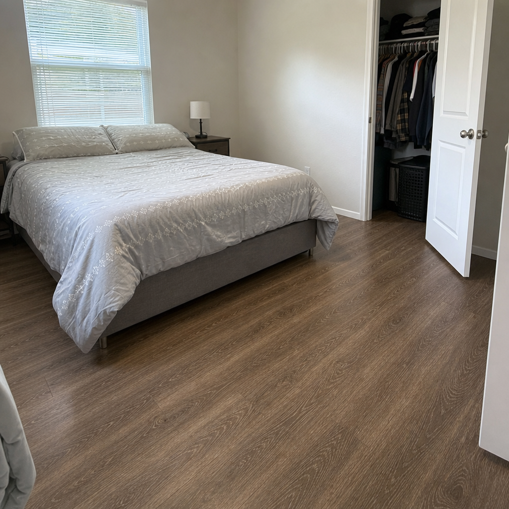 Open floor at the foot of a queen bed leading to an accessible closet door.