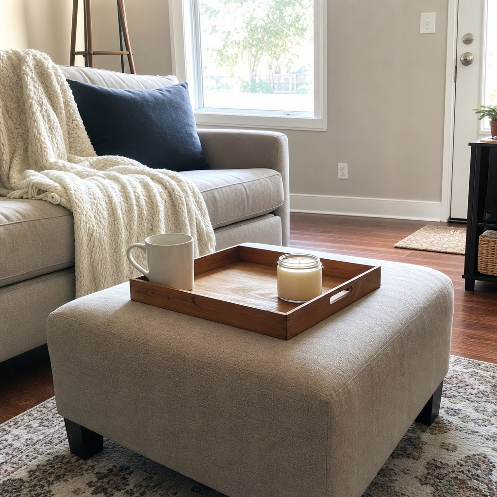 A warm wood tray adds function and texture to a taupe ottoman.
