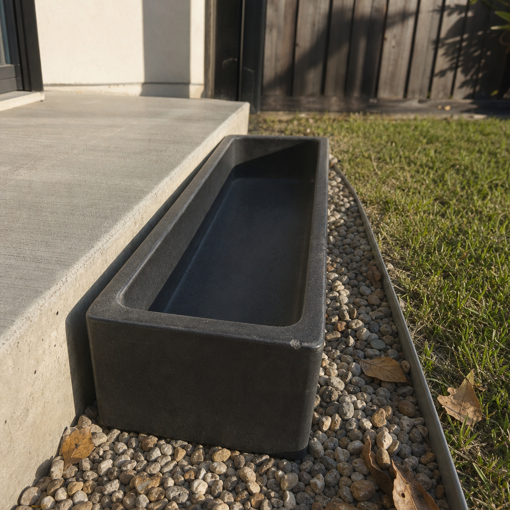 A shallow removable basin placed on the edge of a concrete patio beside gravel.