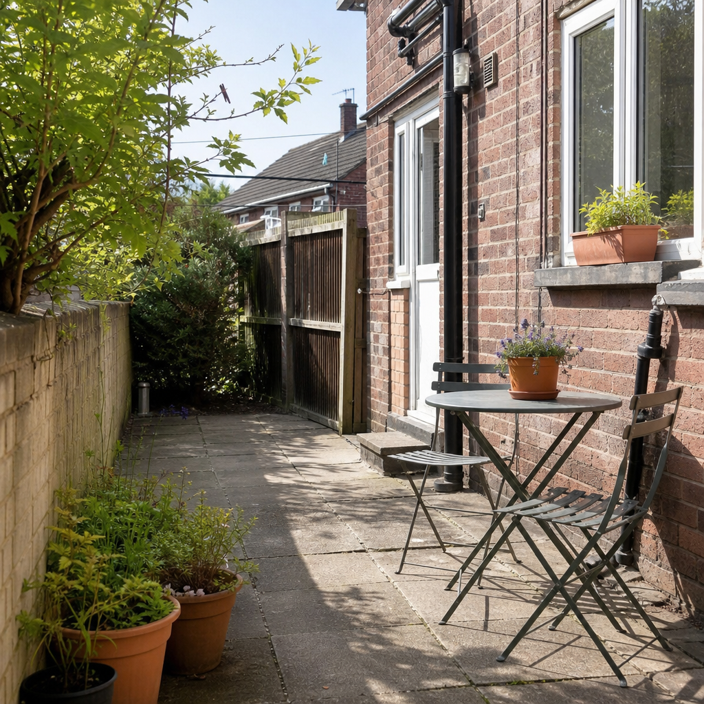 Two folding bistro chairs and a small round table on the edge of a small paved townhouse patio.