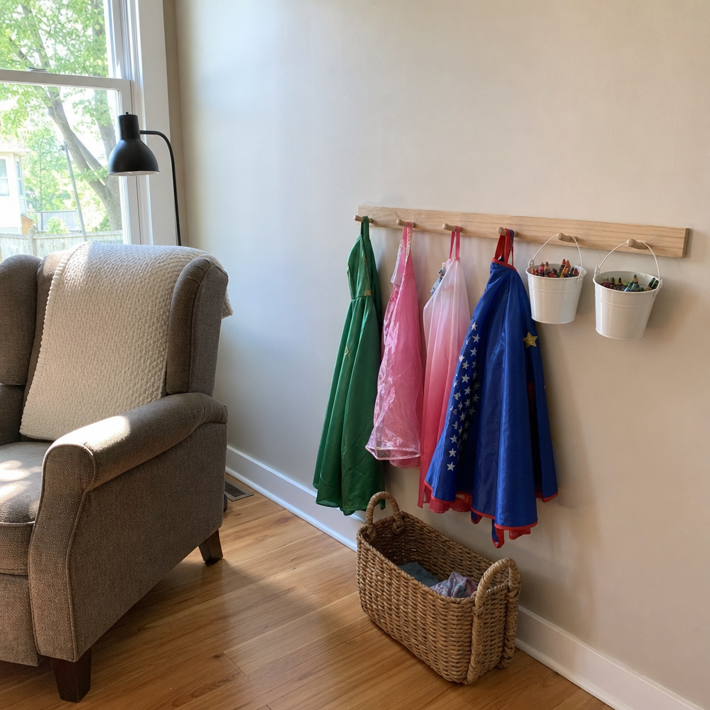 A child-height wall rail with dress-up clothes and hanging art supply containers.