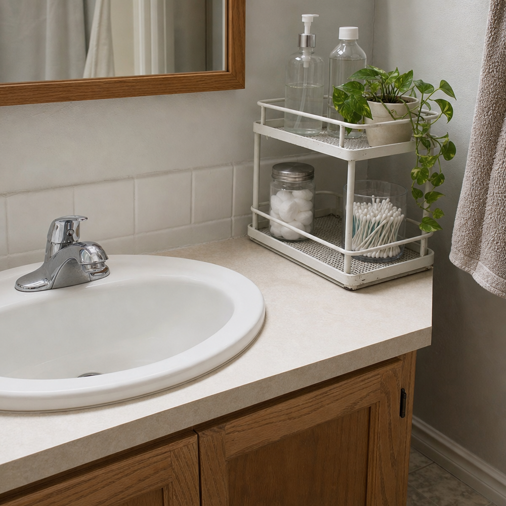 A two-tier metal caddy holds bottles in the back corner beside a small bathroom sink.