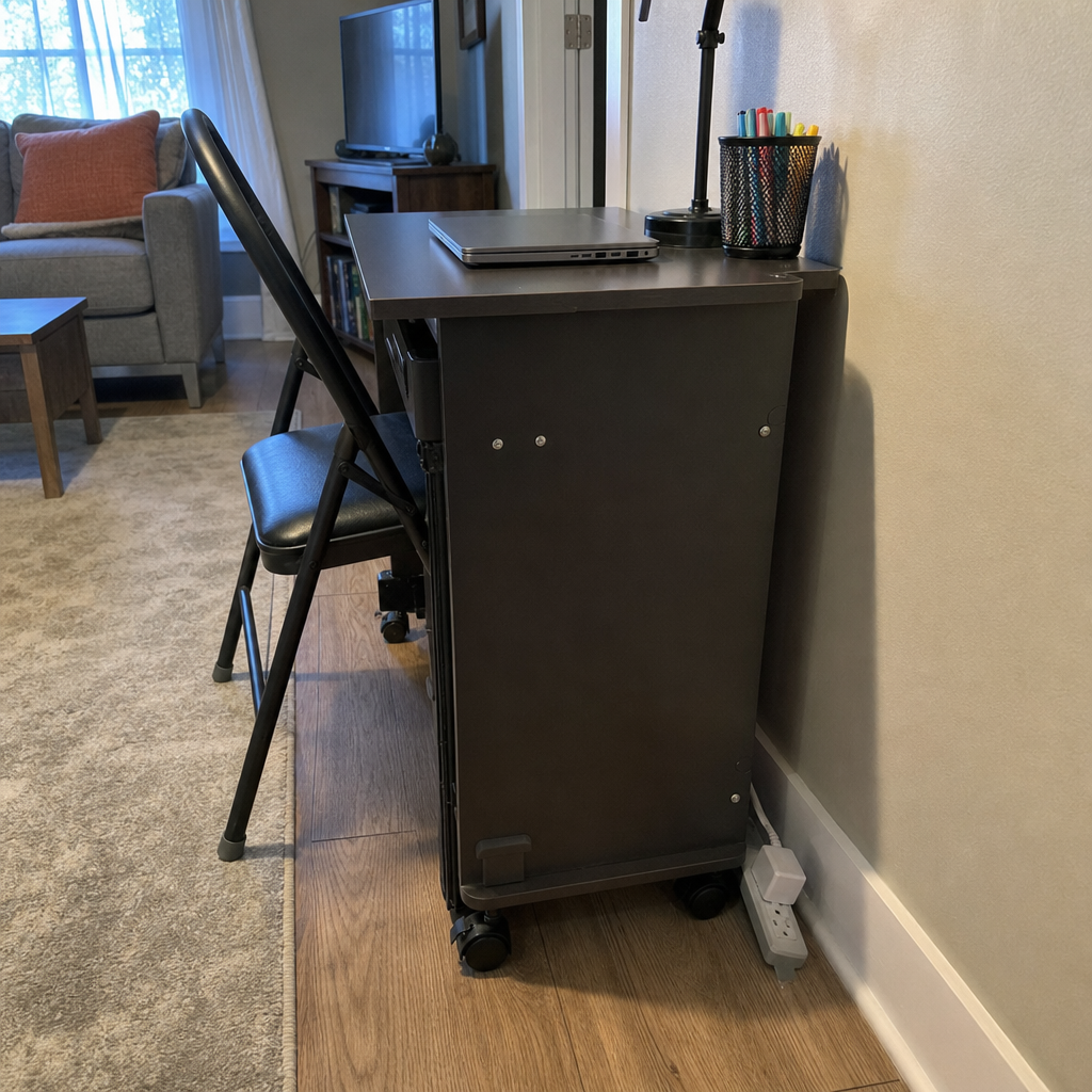 A compact rolling desk with locking wheels parked along a living room wall.