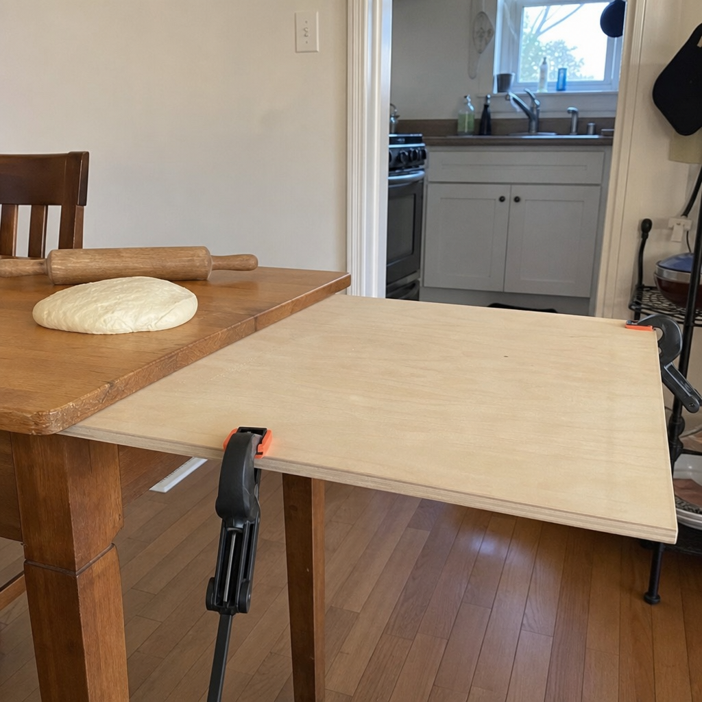 A removable board clamped to a dining table extends the prep area.