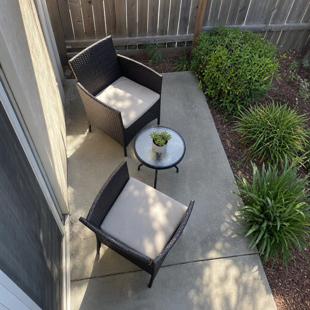 Two compact patio chairs facing each other with a small table between them.