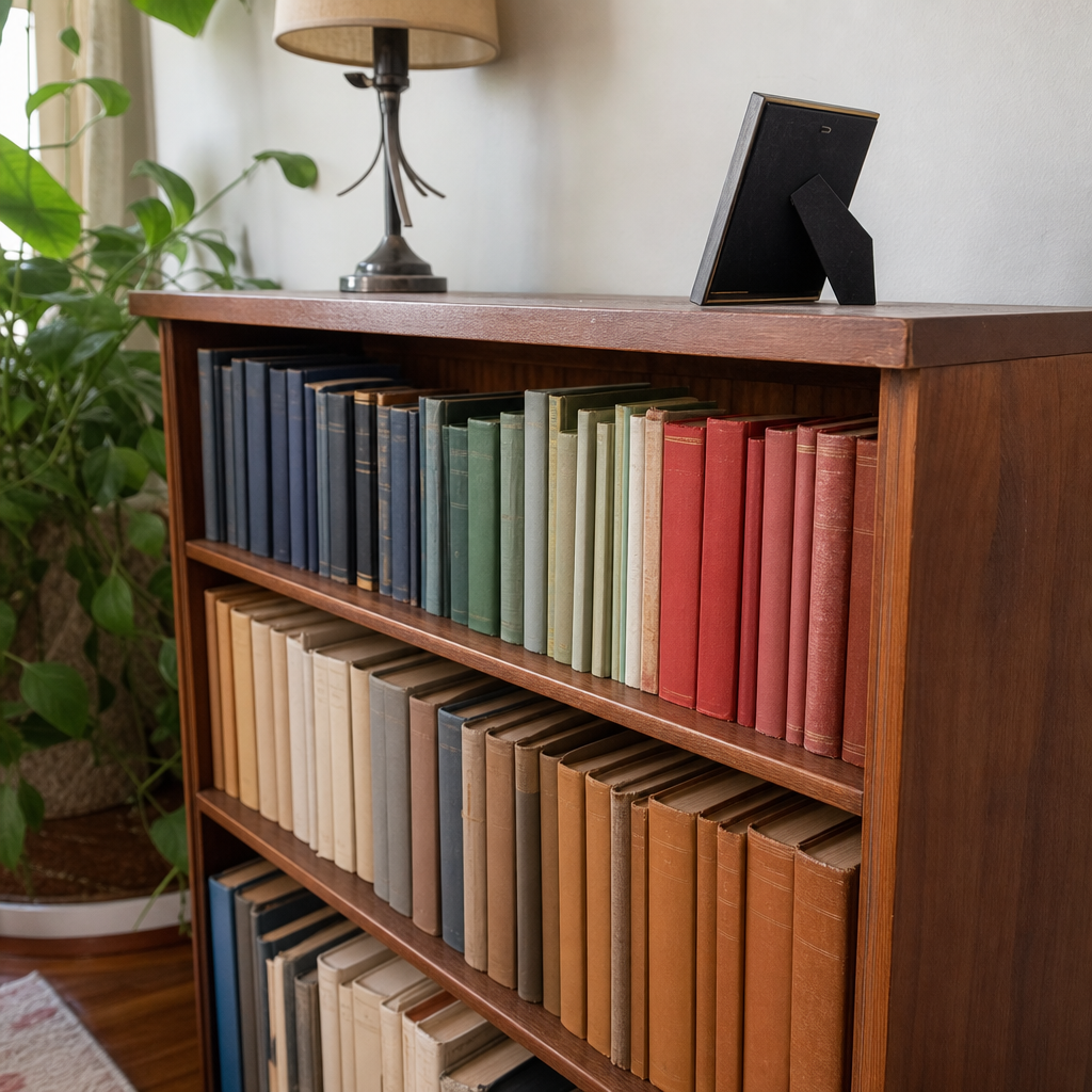 Thrifted books arranged in short color-grouped stacks on a living room shelf.